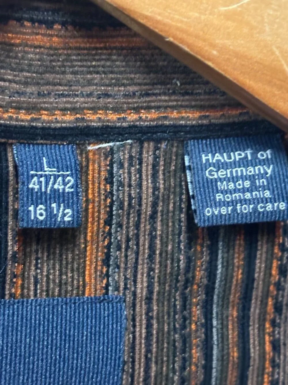 HAUPT of Germany Shirt Mens L 16.5 Brown Orange Stripe Corduroy Button Up Vintag